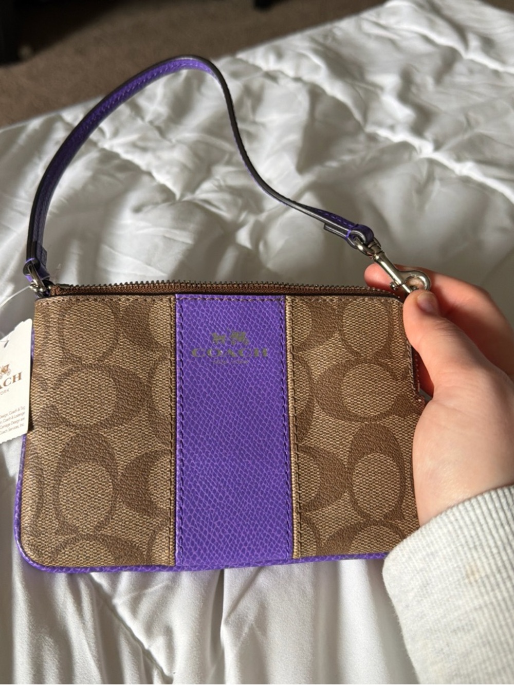 Coach Brown Signature Wristlet with Purple Leather Stripe